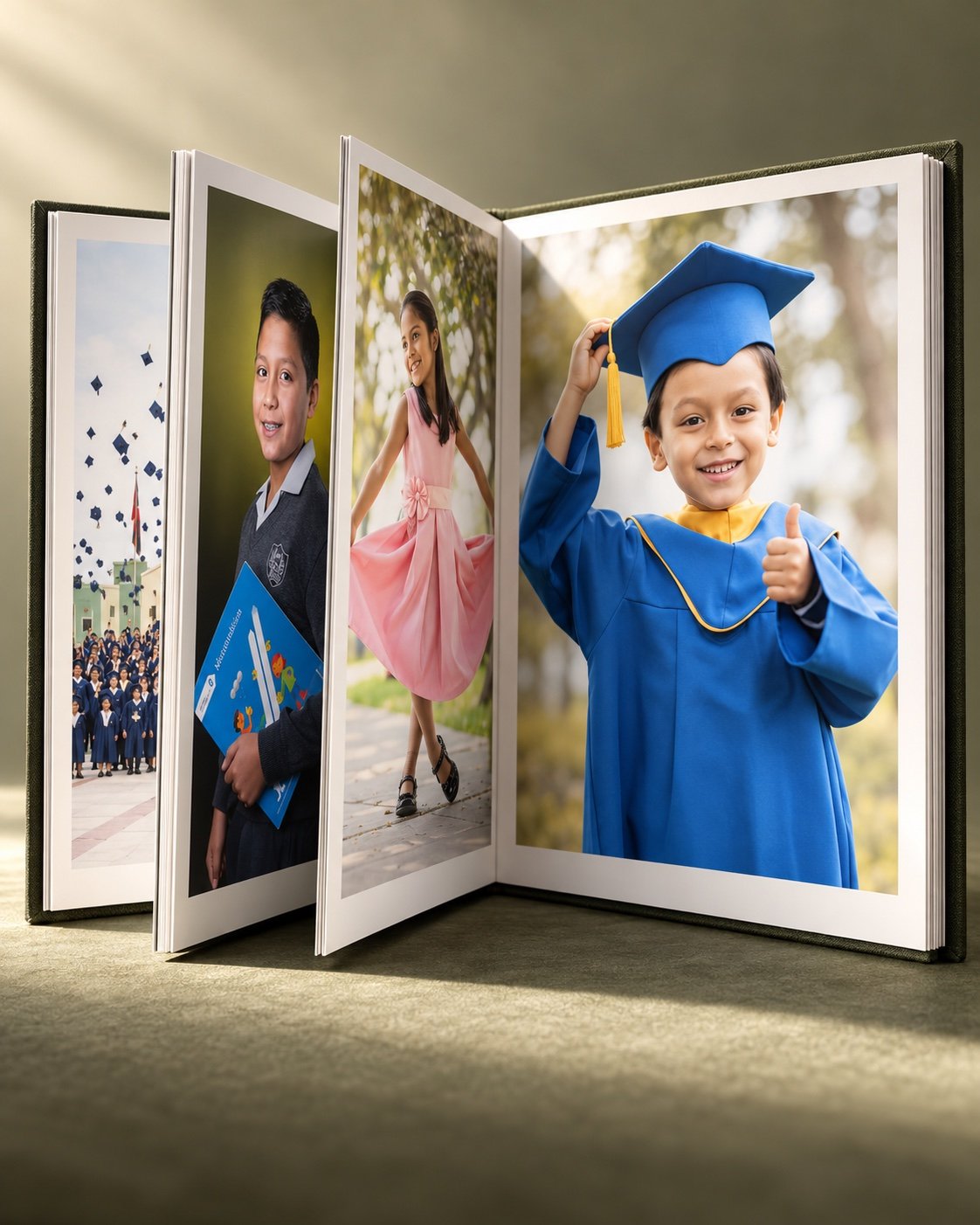 Composición de un anuario BF abierto con fotografías escolares entre sus páginas